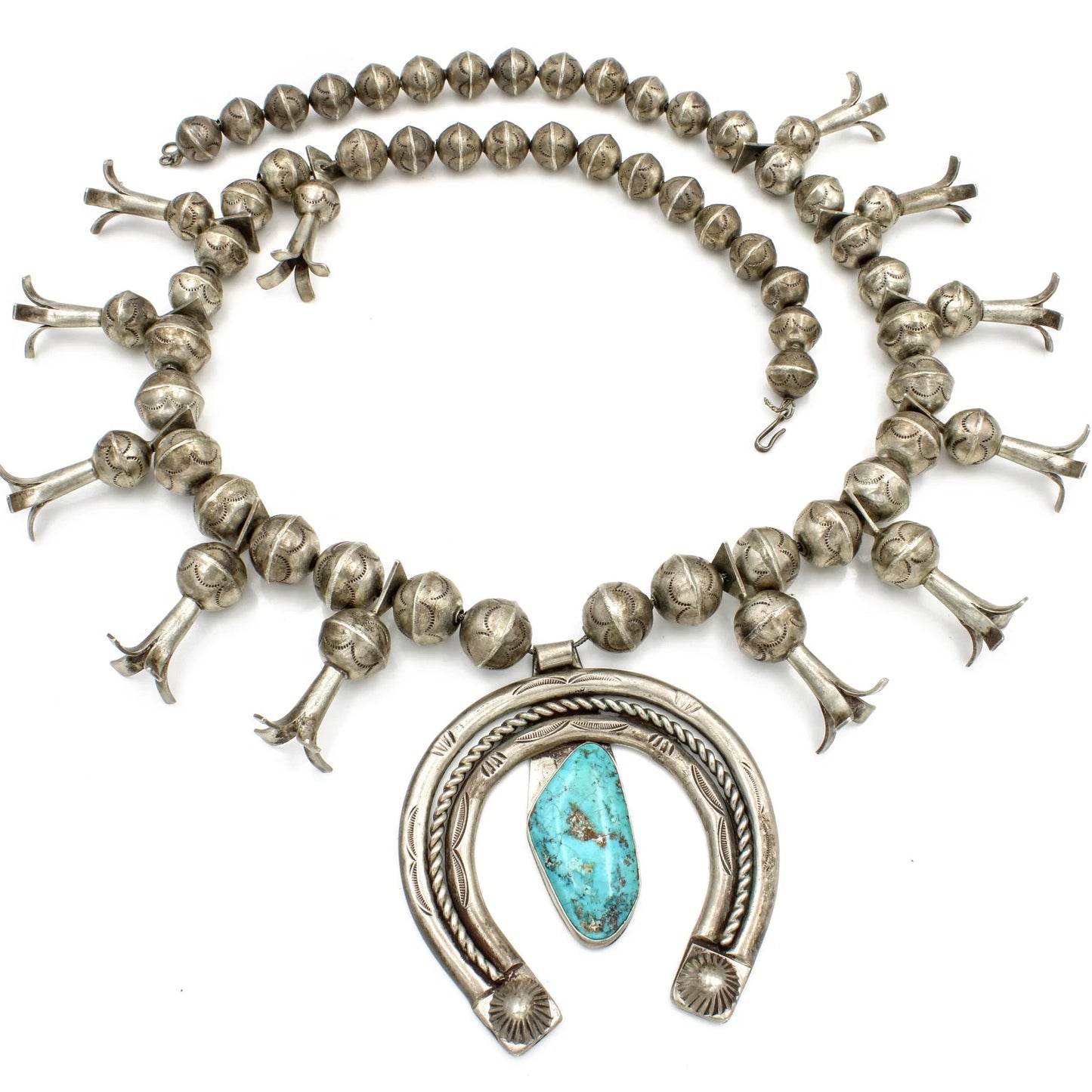 Southwest Sterling Silver & Turquoise Stamped Squash Blossom Necklace #S2557-3