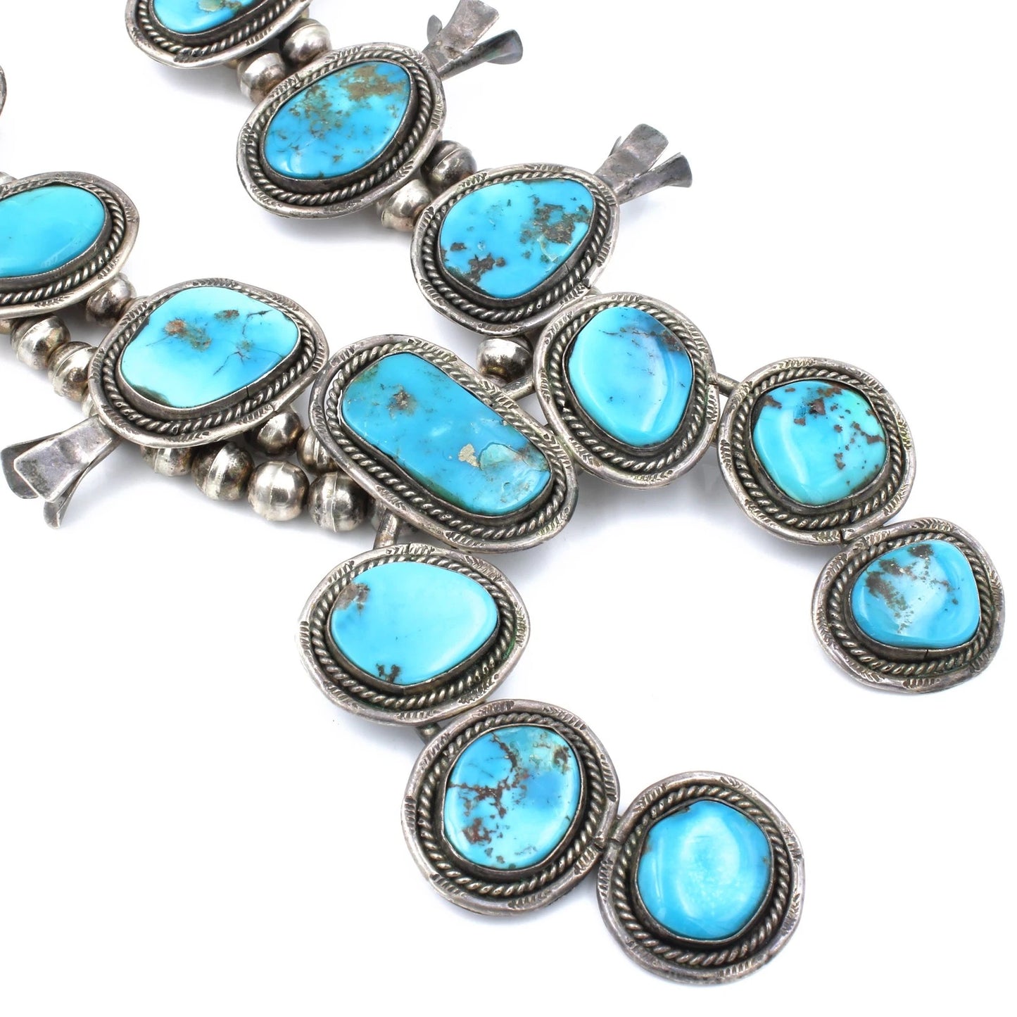 Signed Southwest Sterling Silver Turquoise Squash Blossom 24in Necklace #S2582-5