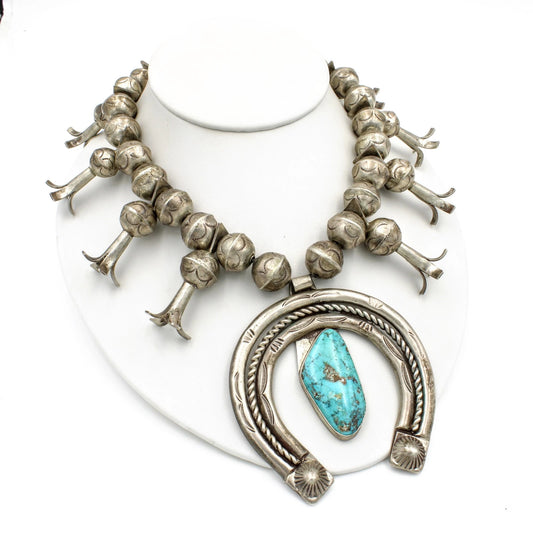 Southwest Sterling Silver & Turquoise Stamped Squash Blossom Necklace #S2557-3