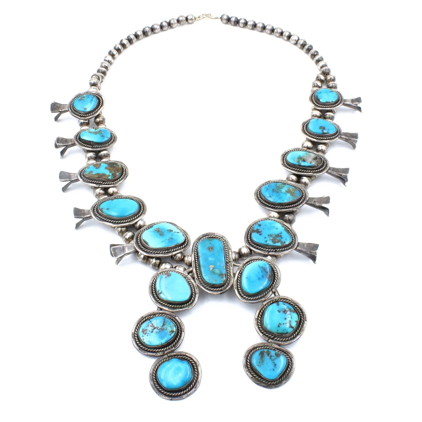 Signed Southwest Sterling Silver Turquoise Squash Blossom 24in Necklace #S2582-5