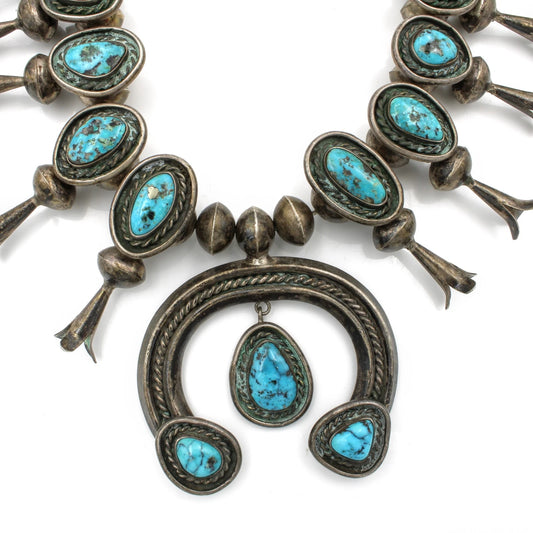 Southwest Sterling Silver Turquoise Squash Blossom Naja Pendant Necklace S2323-5