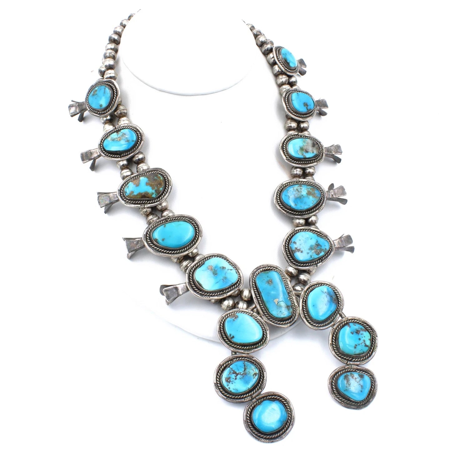 Signed Southwest Sterling Silver Turquoise Squash Blossom 24in Necklace #S2582-5