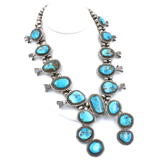 Signed Southwest Sterling Silver Turquoise Squash Blossom 24in Necklace #S2582-5