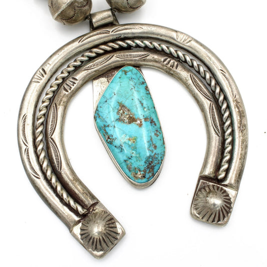 Southwest Sterling Silver & Turquoise Stamped Squash Blossom Necklace #S2557-3
