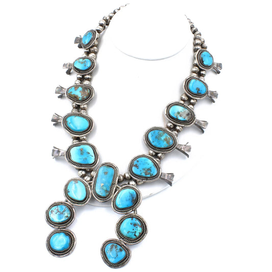 Signed Southwest Sterling Silver Turquoise Squash Blossom 24in Necklace #S2582-5