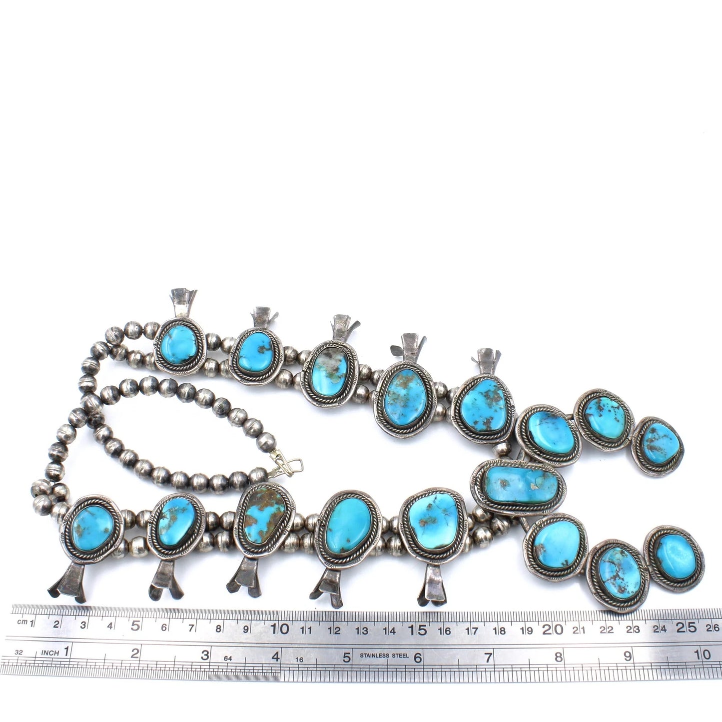 Signed Southwest Sterling Silver Turquoise Squash Blossom 24in Necklace #S2582-5